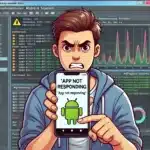 Fix ANR on Android: A Complete Guide to Understanding, Diagnosing, and Preventing Application Not Responding Errors 2 A frustrated user holding a smartphone displaying an "App Not Responding" error message, with a background of Android Studio Fix ANR on Android debugging tools.