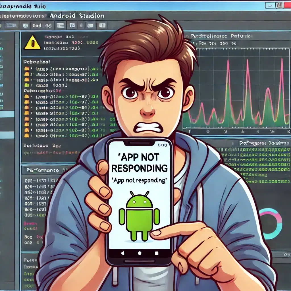 Fix ANR on Android: A Complete Guide to Understanding, Diagnosing, and Preventing Application Not Responding Errors 1 A frustrated user holding a smartphone displaying an "App Not Responding" error message, with a background of Android Studio Fix ANR on Android debugging tools.