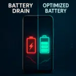 Android Battery Drain 2025: Uncommon Fixes & Hidden Tools Most Users Never Discover 25 Split-screen smartphone showing "Battery Drain" with a red low battery icon and declining graph, versus "Optimized Battery" with a green full battery icon and rising graph, overlaid with diagnostic interface elements.