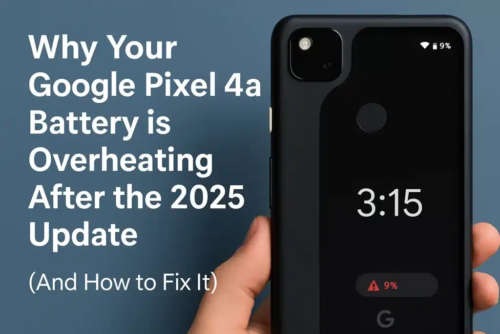 Google Pixel 4a Battery Recall and Overheating Issue: What You Need to Know 2 Image showing a Google Pixel 4a with a battery overheating warning after the 2025 update, alongside article title text explaining the issue and fix.