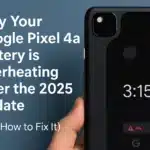 Google Pixel 4a Battery Recall and Overheating Issue: What You Need to Know 3 Image showing a Google Pixel 4a with a battery overheating warning after the 2025 update, alongside article title text explaining the issue and fix.