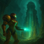 Exploring the Artistic Techlog of Metroid Prime: A Deep Dive Into Retro’s Visual Mastery 4 Samus Aran scanning Chozo ruins on Tallon IV – a glowing, tech-infused atmosphere that captures the heart of Metroid Prime’s artistic vision.