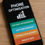 Optimizing Your Android Phone: 2025 Tech-Savvy Tipsfor Flagship, Mid-Range, and Budget Models 18 Modern black Android phone on wooden surface displaying phone optimisation categories: battery, app performance, storage, and reduce heat.