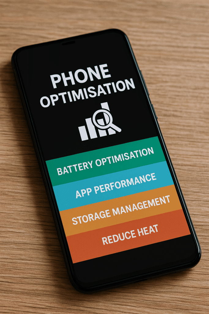 Optimizing Your Android Phone: 2025 Tech-Savvy Tipsfor Flagship, Mid-Range, and Budget Models 10 Modern black Android phone on wooden surface displaying phone optimisation categories: battery, app performance, storage, and reduce heat.