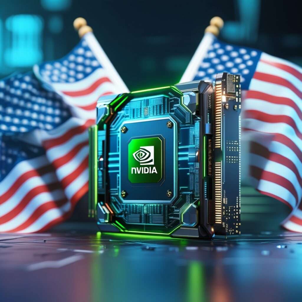 Nvidia Wins Chip Export Permission to China 8 Nvidia GPU chip with USA and China flags, symbolizing export agreement