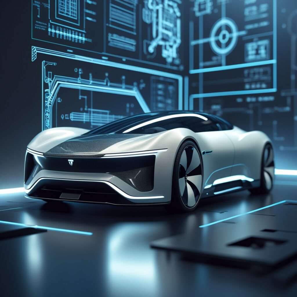 Structural Battery Composites Set EV Future 5 Electric vehicle with structural battery composites visualized through glowing carbon fiber panels