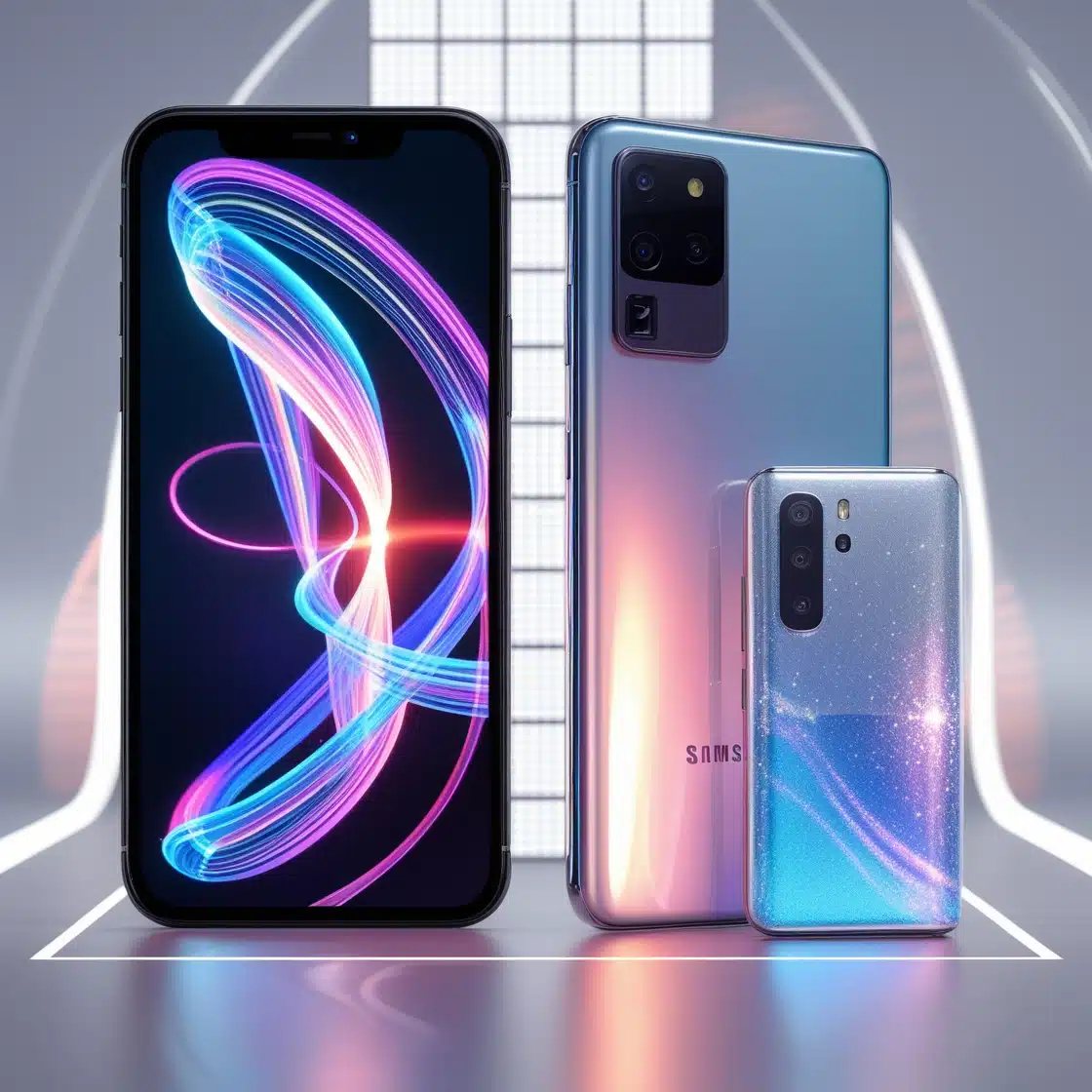 iPhone 17 Launch Event, Samsung’s Bright Future, and Key Reviews 30 "A futuristic smartphone showcase: Apple iPhone 17 glowing on one side with dynamic light trails, Samsung Galaxy S26 Ultra on the other side with AI hologram effects, modern minimal tech background."