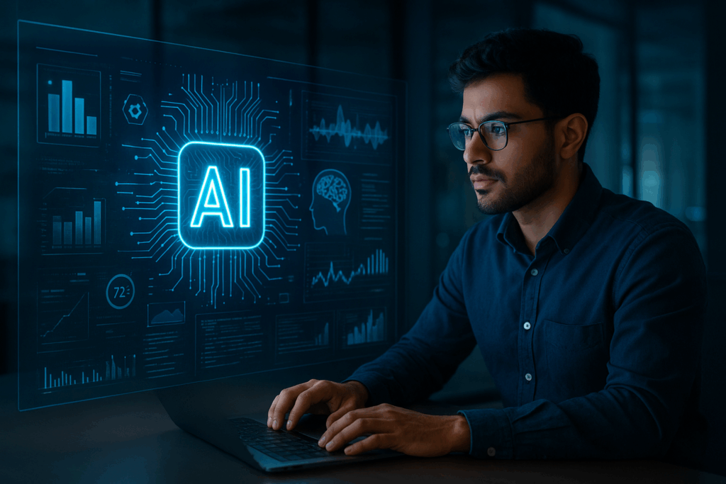 Global Demand for Technology Professionals: Skills, Roles, Job Openings & Future Trends 32 Professional working on futuristic AI dashboard