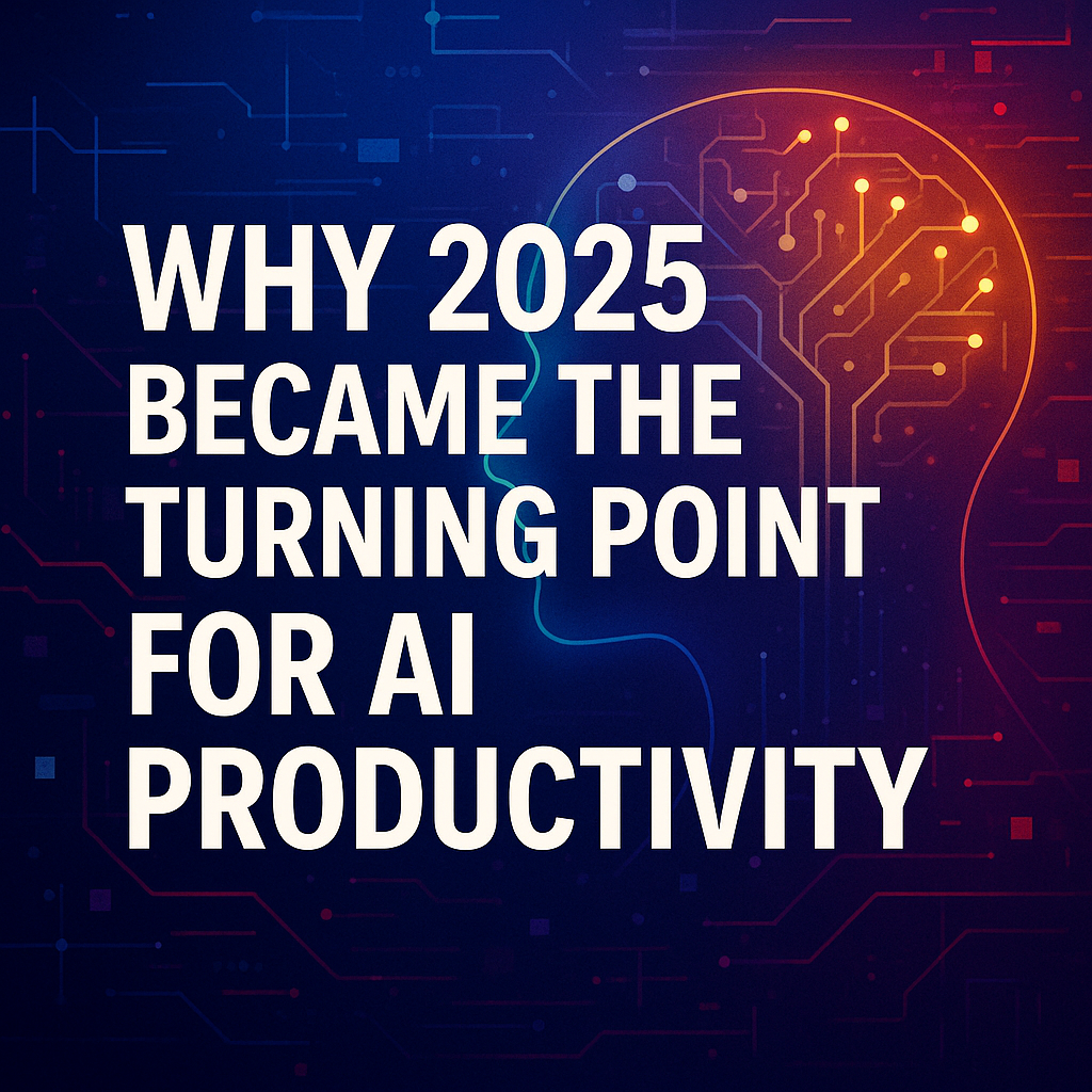 AI productivity turning point in 2025 showing neural-powered digital intelligence